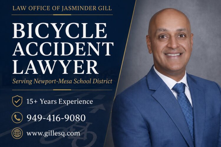 Bicycle Accident Lawyer Attorney Jasminder Gill, Costa Mesa bicycle accident lawyer, with helmeted students riding bicycles near a Newport-Mesa school zone.
