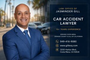 Attorney Jasminder Gill, a car accident lawyer serving Costa Mesa, Orange County and California, with more than 15 years of experience.