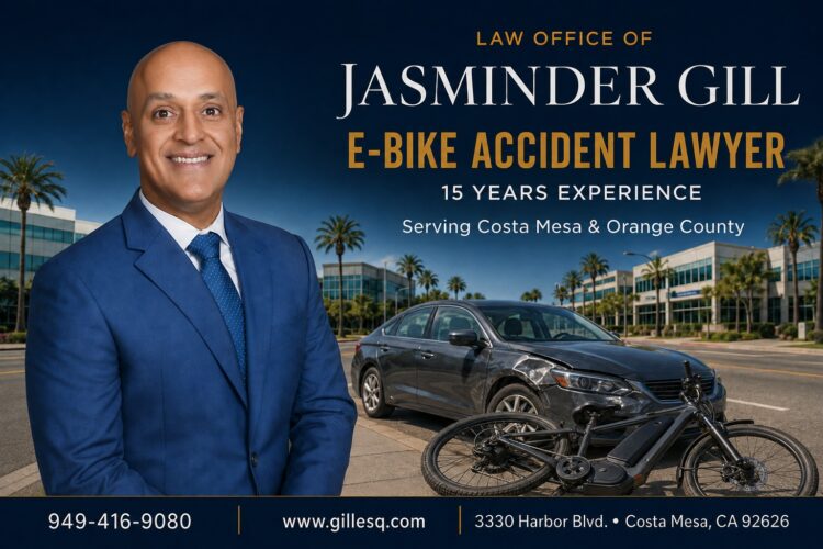 Costa Mesa e-bike accident lawyer helping injured electric bicycle riders recover compensation after collisions involving cars, trucks, pedestrians, and hazardous road conditions