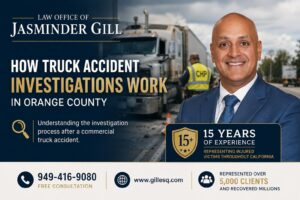 Attorney Jasminder Gill explaining how commercial truck accident investigations work in Orange County, including black box data, ELD records, accident reconstruction, and evidence preservation.
