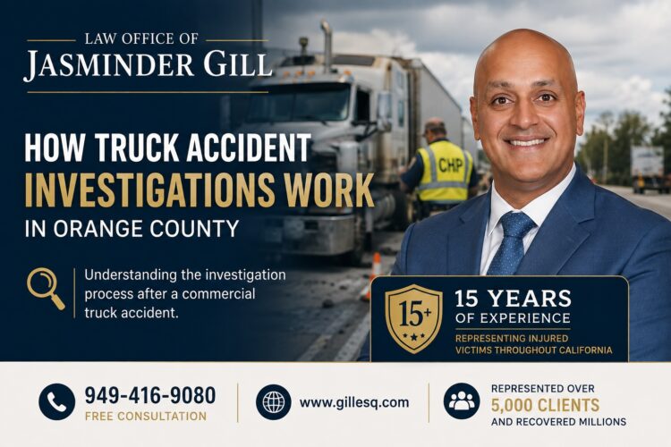 How Commercial Truck Accident Investigations Work in Orange County Attorney Jasminder Gill explaining how commercial truck accident investigations work in Orange County, including black box data, ELD records, accident reconstruction, and evidence preservation.
