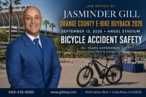 Orange County e-bike buyback September 13, 2026, at Angel Stadium and bicycle accident safety attorney Jasminder Gill.