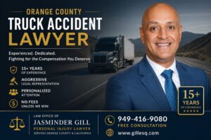 Attorney Jasminder Gill, an Orange County truck accident lawyer, explaining how truck accident reconstruction, black box data, and crash evidence help prove fault after a commercial truck accident.