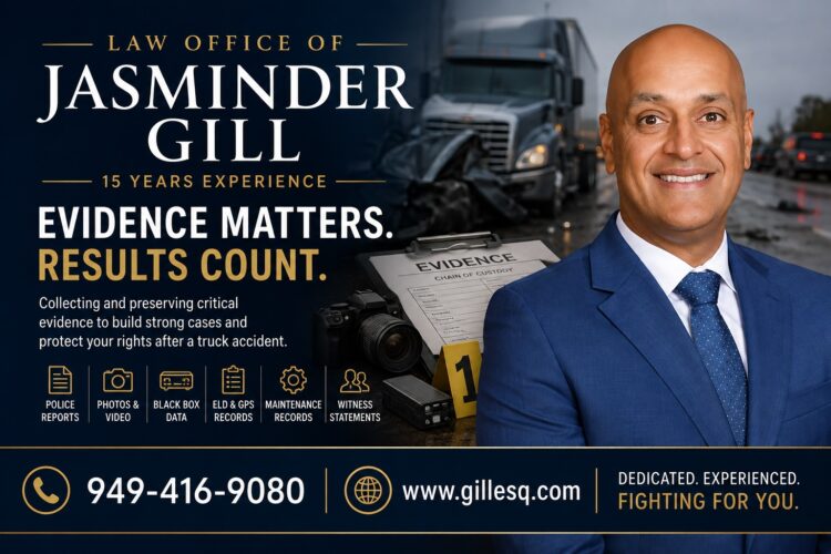 Evidence Needed to Win an Orange County Truck Accident Case Attorney Jasminder Gill discussing the evidence needed to win an Orange County truck accident case, including black box data, ELD records, maintenance records, and accident investigation evidence.