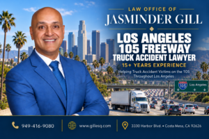 Los Angeles 105 Freeway truck accident lawyer Jasminder Gill representing victims injured in semi-truck, 18-wheeler, big rig, and commercial vehicle crashes