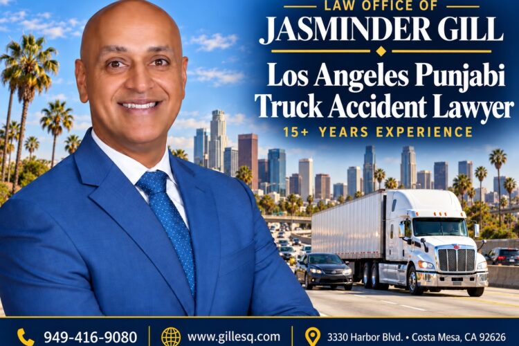 Los Angeles Truck Accident Lawyer | Law Office of Jasminder Gill Punjabi-speaking truck accident attorney Jasminder Gill with a semi-truck on a Los Angeles freeway.